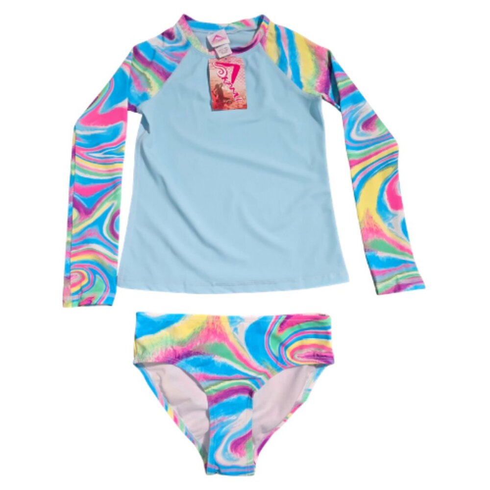 NWT | Kanu Surf 2-Piece Rash Guard Swimsuit Set | Multi-Colored Swirl | Size 14